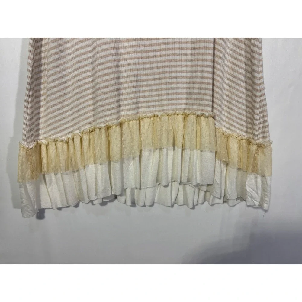 Boho Cottagecore Easel Striped Ruffle Hem Tank Top Womens Small Tan White - Picture 3 of 7